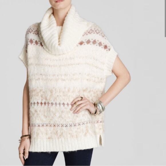 Free People Snow Bunny Cowl Neck Fair Isle Cream Sweater Wool Blend Size Medium - Picture 1 of 9